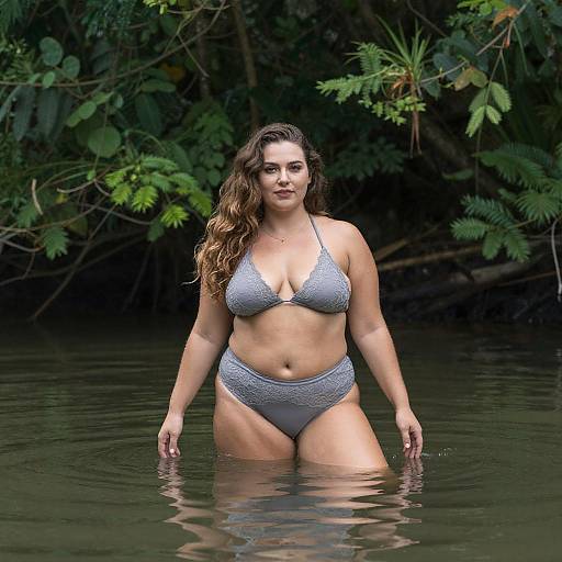 Photograph of a curvy woman with long brown hair in a gray lace bikini, standing in a lush, forested river.