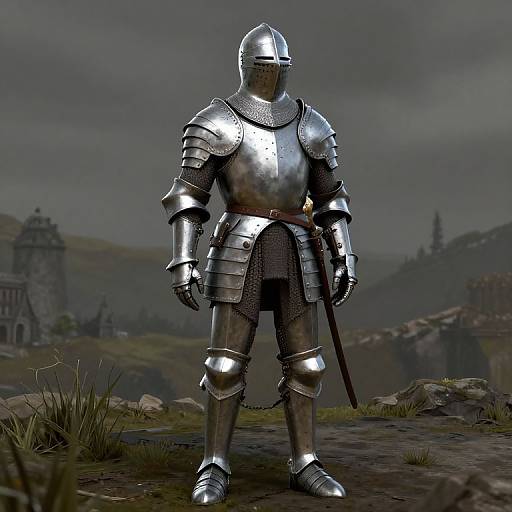 CGI image of a medieval knight in shiny, silver plate armor standing on a rocky, grassy landscape with a cloudy sky. Medieval castle and hills