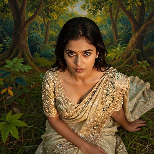 Photograph of a young Indian woman with dark hair, wearing a gold-embroidered beige sari, sitting in a lush forest with vibrant green