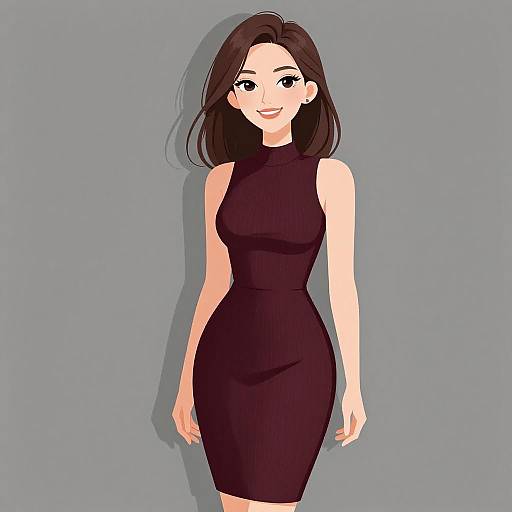 Digital anime-style drawing of a smiling woman with straight dark brown hair, wearing a form-fitting black sleeveless dress, standing against a gray background.