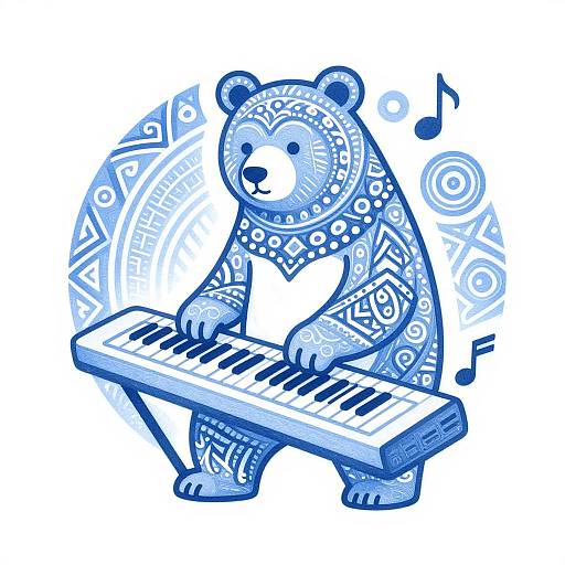 Digital illustration of a blue, patterned bear playing a keyboard with musical notes, set against a circular, geometric background.
