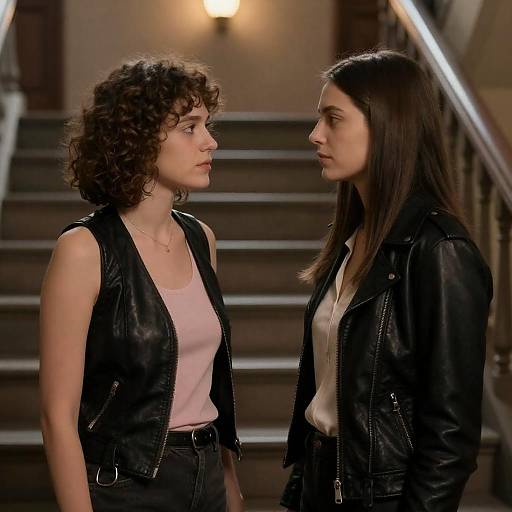 Two women facing each other on staircase