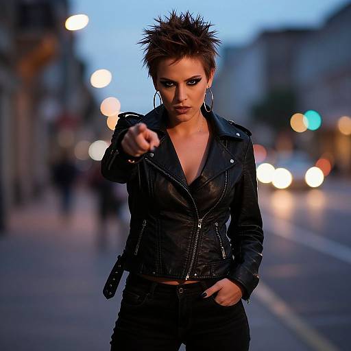 Photograph of a fierce, short-haired woman in a black leather jacket pointing forward on a blurred, dimly lit city street at dusk, with glowing