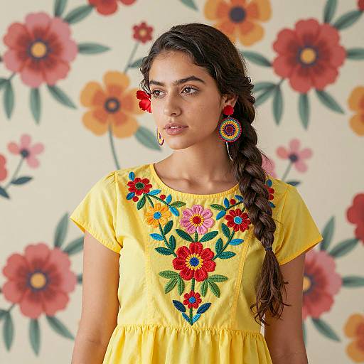Young Woman in Yellow Embroidered Dress with Braid