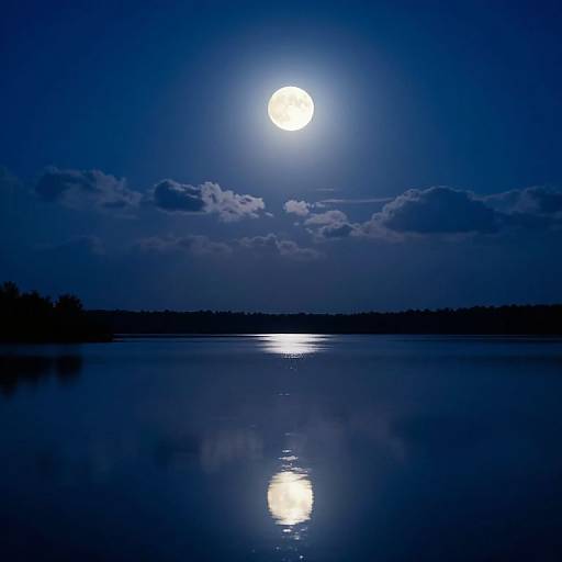 Photograph of a serene nighttime lake with a bright full moon reflecting on calm water, surrounded by dark silhouetted trees and scattered clouds in a