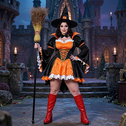 Photograph of a curvy woman in an orange witch costume with black trim, red boots, and a broom, standing in a medieval castle courtyard