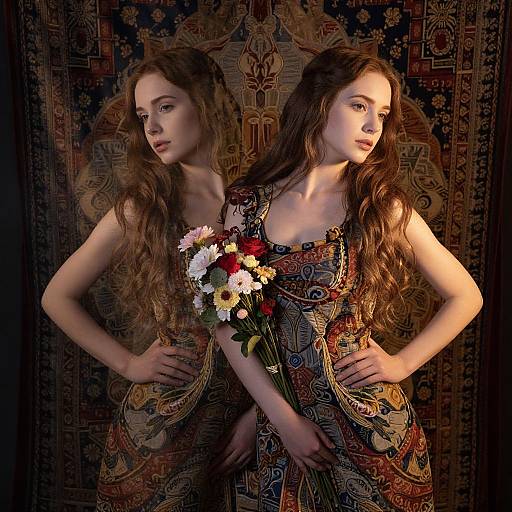 Photograph of a young woman with long, wavy brown hair, wearing a patterned dress, holding a bouquet, standing back-to-back with her