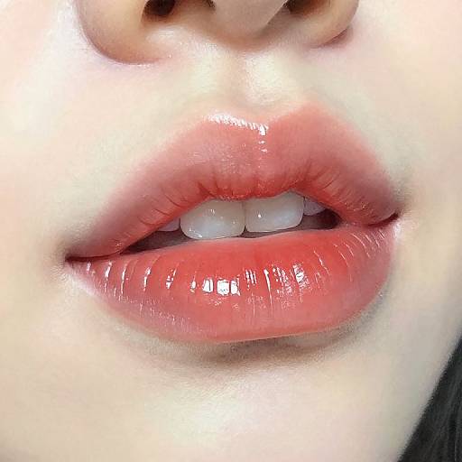 Close-up photograph of a woman's glossy, red lips with white teeth slightly visible, pale skin, and a small portion of her nose.