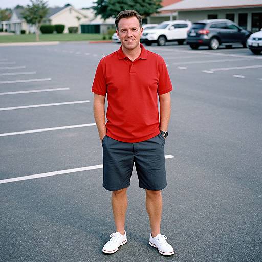 Photograph of a smiling, short-haired man in a red polo, black shorts, white sneakers, standing in a parking lot with cars in background.