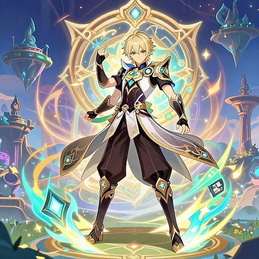 Digital anime-style illustration of a blonde male mage with glowing blue and gold magical aura, standing confidently in a futuristic, starry cityscape with floating structures