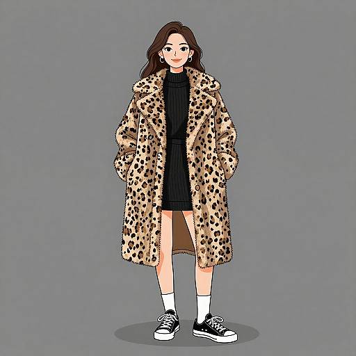 Digital illustration of a young woman with long brown hair wearing a leopard print coat, black turtleneck, brown skirt, white socks, and black sneakers