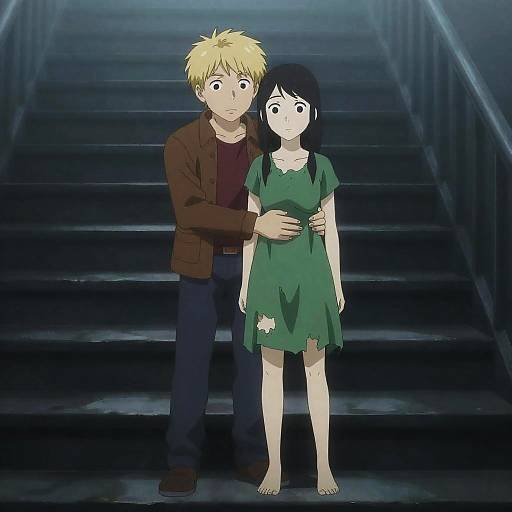 Anime Characters on Foggy Stairs