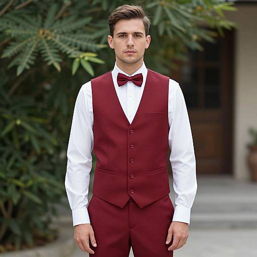 Photograph of a handsome, fair-skinned man with short brown hair, wearing a maroon vest, white shirt, and matching bow tie, standing