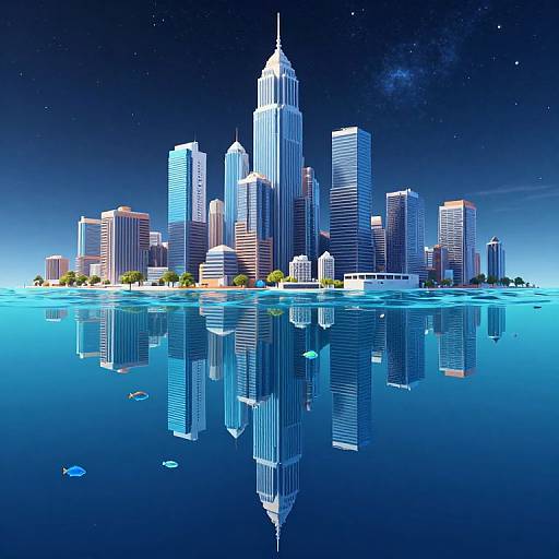 Digital illustration of a futuristic cityscape at night with tall, illuminated skyscrapers reflecting in a calm, starry blue water surface.