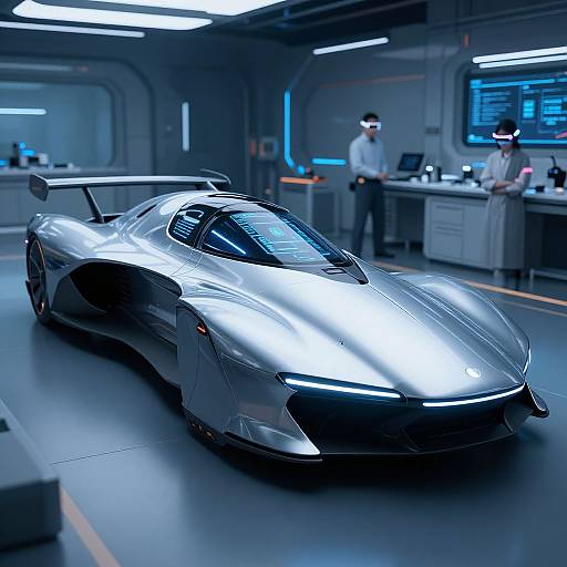 Photorealistic CGI: futuristic laboratory with sleek, silver hypercar in foreground, illuminated by fluorescent lights, two scientists in white lab coats working in background