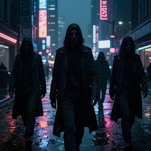 Neo-like silhouette of three men with long hair and dark coats walking in a neon-lit, rain-soaked urban street at night.