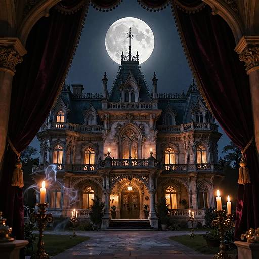 Photograph of a Gothic-style mansion at night, illuminated by full moon, with warm candlelight, ornate architecture, and dark, draped curtains framing