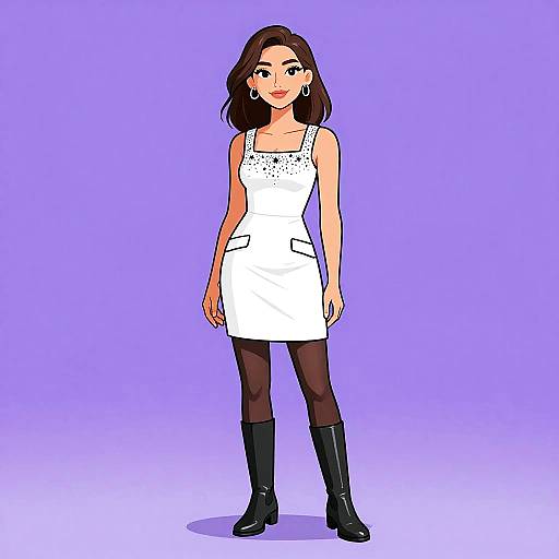 Digital illustration of a smiling woman with fair skin, brown hair, wearing a white sleeveless dress, black tights, and black boots, standing against