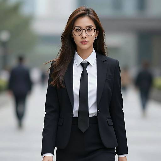 Photograph of an Asian woman with long brown hair, wearing glasses, a black suit, white shirt, and black tie, standing in a blurred urban