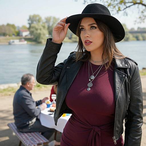 Photograph of a stylish woman with dark brown hair, black hat, leather jacket, and maroon dress, standing by a lake, adjusting her hat