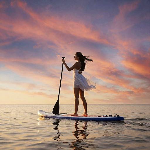 Sunset Paddleboarding Woman in Flowing Dress