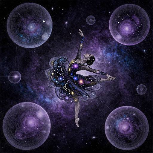 Digital art of a dancing ballerina in a starry galaxy, surrounded by glowing purple and blue spheres. Cosmic constellation patterns adorn her dark, flowing