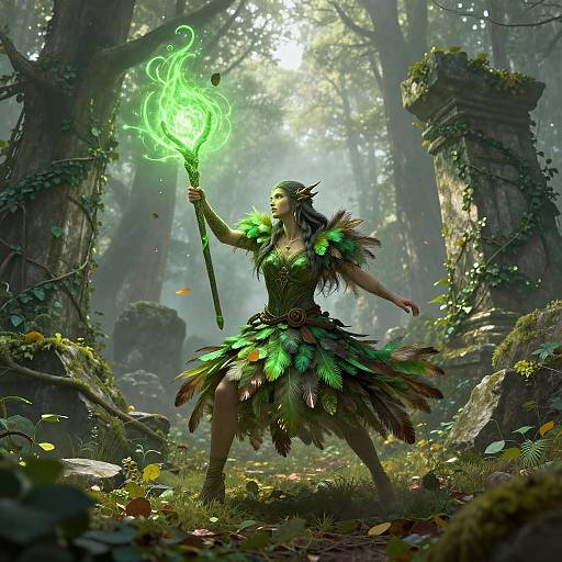 Digital fantasy artwork of a green-clad, leaf-skirted female druid holding a glowing green flame in a misty, enchanted forest.