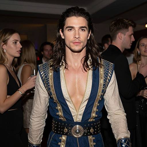 Photograph of a handsome man with long dark hair, wearing a deep V-neck blue and gold embroidered vest, standing in a dimly lit party with