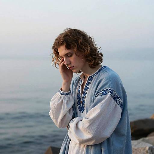 Melancholy Seaside Poet in Greek Attire
