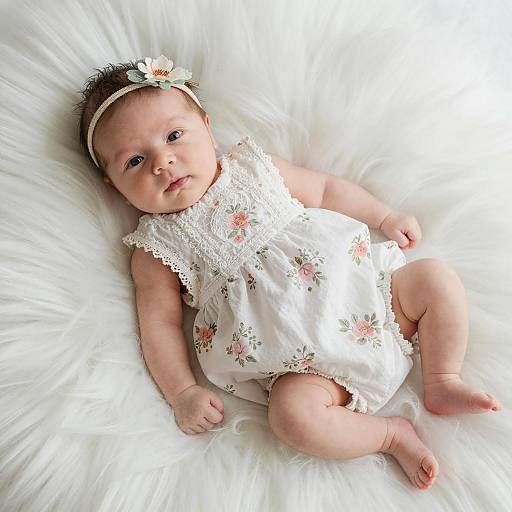 Newborn Baby in Floral Dress on White Fur