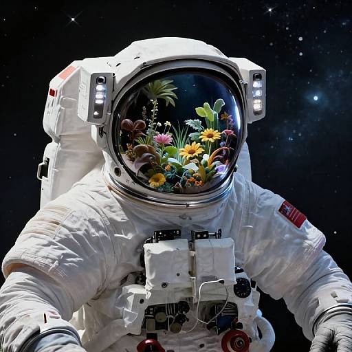Digital art of an astronaut's helmet reflecting a colorful, vibrant garden of flowers and plants against a starry night sky.