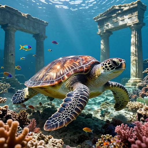 Photograph of a colorful sea turtle swimming gracefully among vibrant coral reefs and ancient, sunlit, underwater ruins with scattered fish.