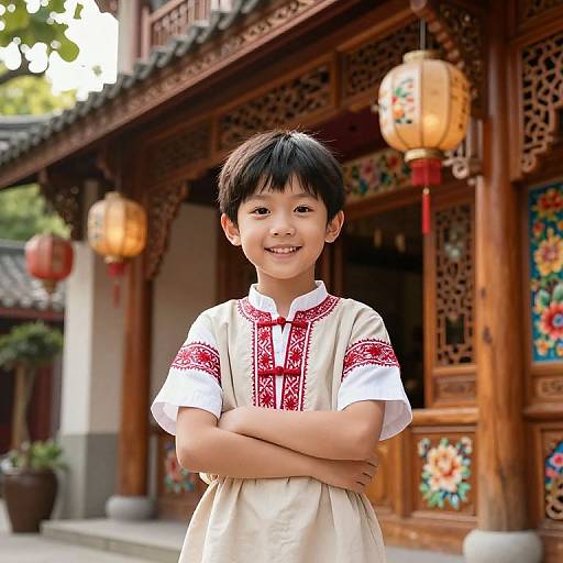 Photograph of a smiling Asian boy with black hair, wearing a white dress with red embroidery, standing in front of a traditional wooden Chinese building with orn