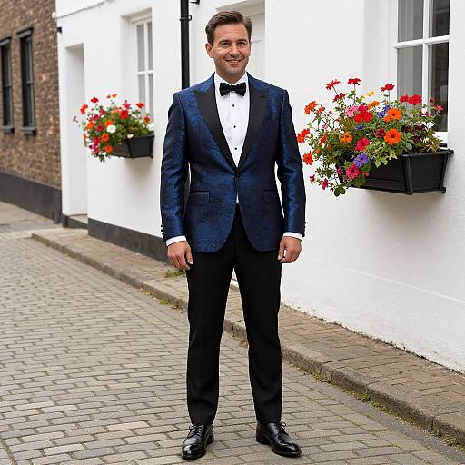 Photograph of a smiling man in a dark blue patterned tuxedo with black bow tie, standing on a cobblestone street, in front