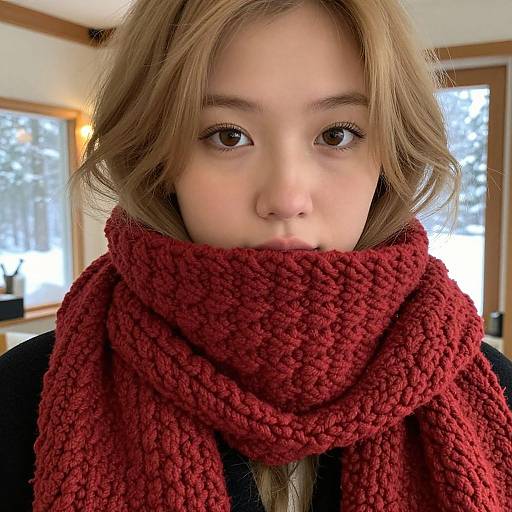 Close-up photograph of a young woman with light brown hair, wearing a thick, red, knitted scarf that covers her mouth, in a warmly lit