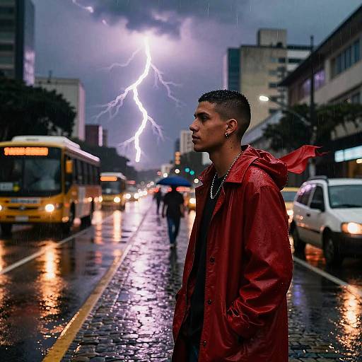 Photograph of a young man with short dark hair, wearing a red raincoat, standing on a wet city street during a lightning storm at night,