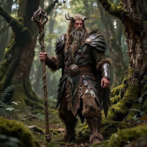 Fantasy forest photograph: Bearded, horned warrior with long gray beard, dark armor, and fur trim, holding a twisted wooden staff, standing