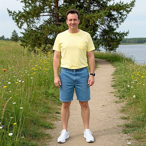 Photograph of a smiling man in a yellow t-shirt, blue denim shorts, and white sneakers standing on a grassy path with wildflowers beside a