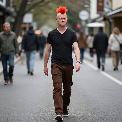 Red Mohawk Man Walking Down Street