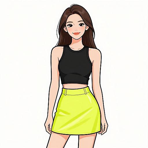 Digital anime-style drawing of a cute, smiling young woman with long brown hair, wearing a black crop top and yellow skirt.