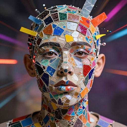 Photograph of a person with a mosaic face composed of colorful, reflective tiles, against a blurred, neon-lit background.