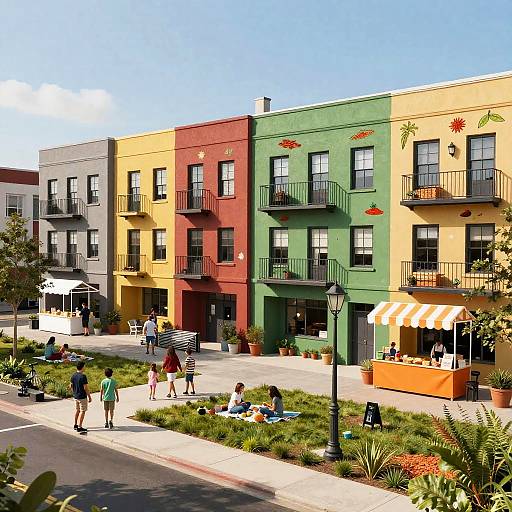 Colorful urban apartment building with red, yellow, green, and beige facades; people sitting on a sunny sidewalk with potted plants.