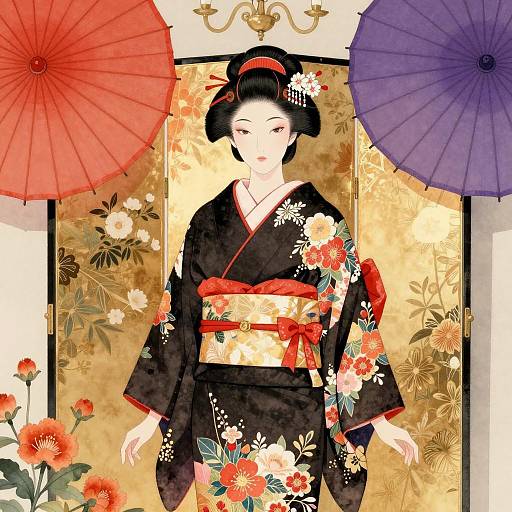 Elegant Asian Woman in Colorful Kimono