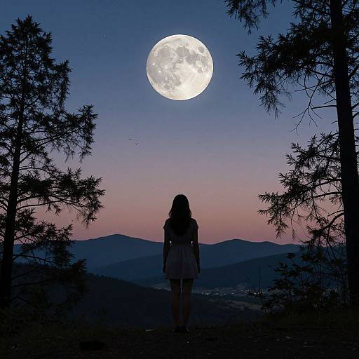 Woman Gazing at Luminous Full Moon