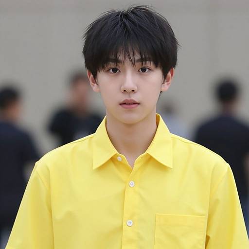 Photograph of an East Asian young man with black, slightly messy hair, wearing a bright yellow button-up shirt, standing in a blurred indoor background with