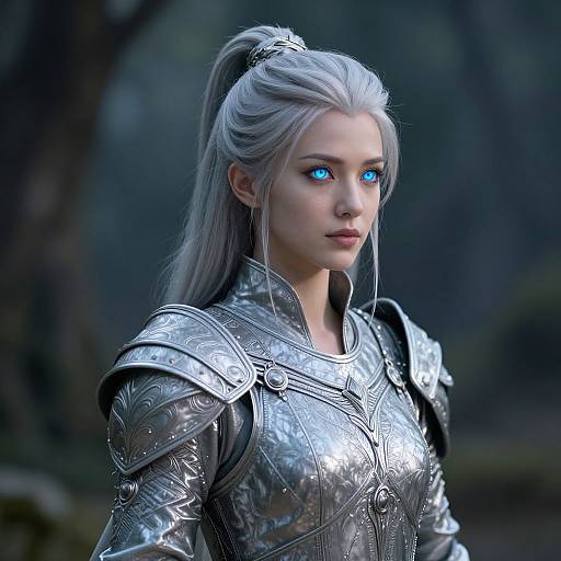 Photorealistic digital artwork of a silver-haired, blue-eyed woman in detailed, reflective silver armor, set against a dark, forested background.