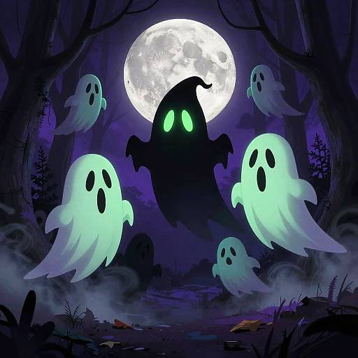 Spooky Cartoon Characters in Moonlit Forest