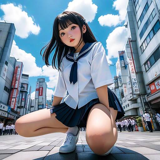 Photograph of an Asian schoolgirl in a white sailor uniform and black skirt, squatting in a busy urban Japanese street, vibrant blue sky and clouds