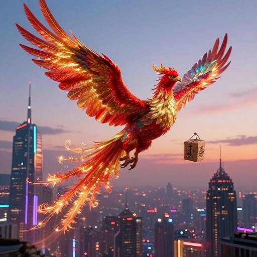 Digital art of a vibrant red and gold phoenix with glowing feathers flying over a cityscape at sunset, holding a lantern.