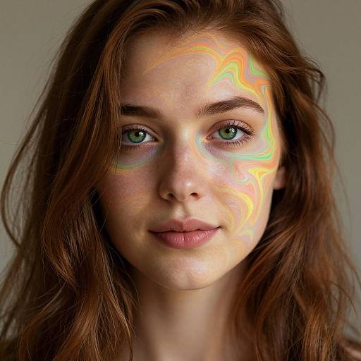 Photograph of a young woman with green eyes, long brown hair, and vibrant, swirling yellow-orange and green face paint on her forehead and cheeks,